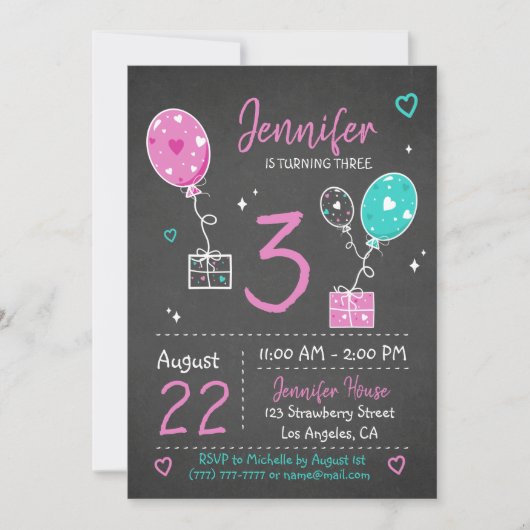 Ballons en cadeaus Birthday Chalkboard Uitnodiging (Voorkant)