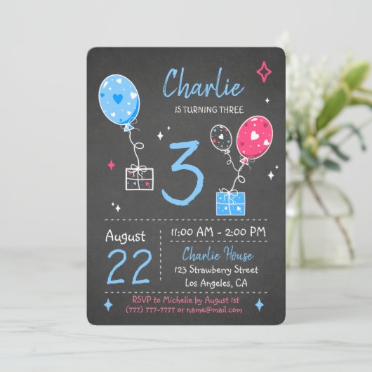 Ballons en cadeaus Birthday Chalkboard Uitnodiging (Staand voorkant)