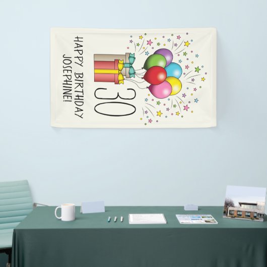 Ballons en Cadeaus met leeftijd en tekst Spandoek (Beurs)