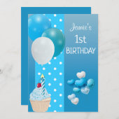 Ballons en Cupcake Blue Background Birthday Kaart (Voorkant / Achterkant)