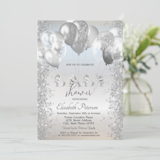 Ballons Glitter Confetti Silver Baby shower Kaart (Staand voorkant)
