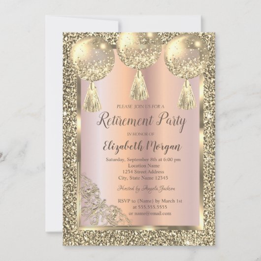 Ballons, goudLijst, Roos Gold, Glitter Retirement Kaart (Voorkant)