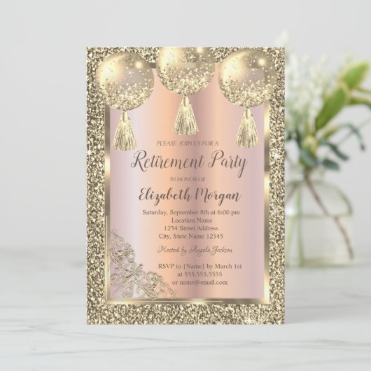 Ballons, goudLijst, Roos Gold, Glitter Retirement Kaart (Staand voorkant)