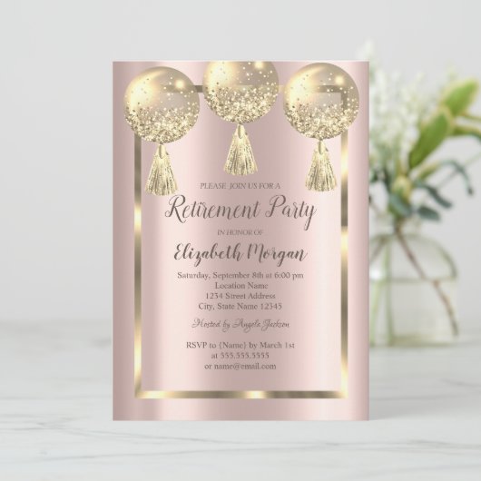 Ballons, Lijst, Roos Gold, Gold Glitter Retirement Kaart (Staand voorkant)