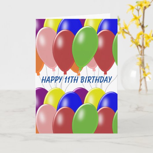 Ballons ontwerp gepersonaliseerde 11e verjaardag kaart (Gele Bloem)