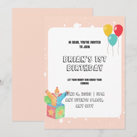 Ballons Roze Borders Baby Girl Speelgoed 1e verjaa Kaart (Voorkant / Achterkant)