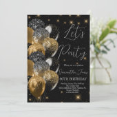 Ballons Verjaardag Zwart Goud Glitter Kaart (Staand voorkant)