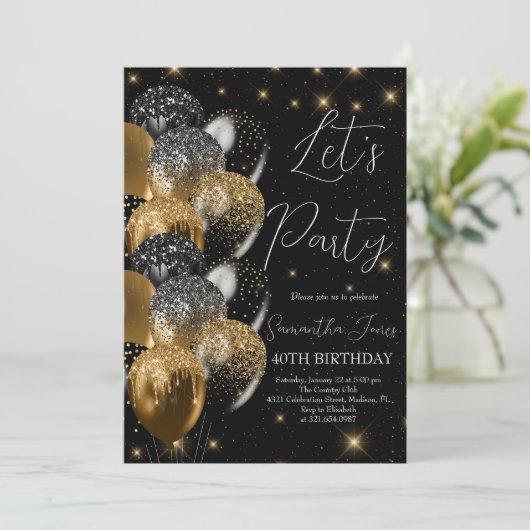 Ballons Verjaardag Zwart Goud Glitter Kaart (Staand voorkant)