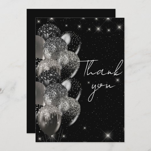 Ballons Verjaardag Zwart Zilver Glitter Party Bedankkaart (Voorkant / Achterkant)