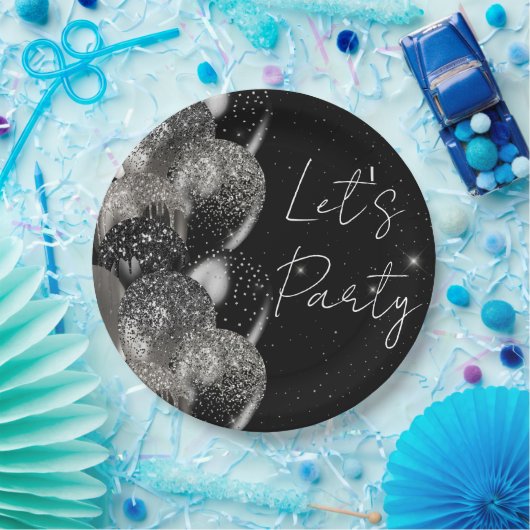 Ballons Verjaardag Zwart Zilver Glitter Party Papieren Bordje (Feest)