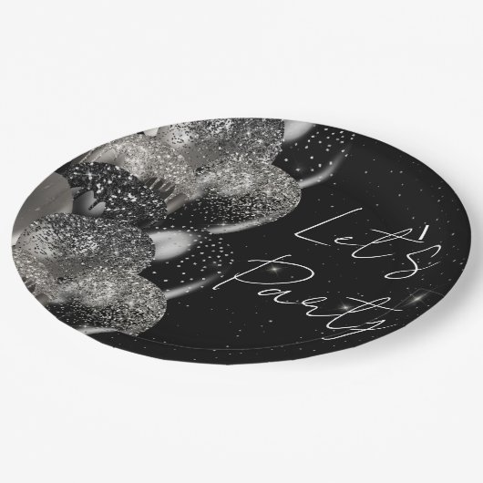 Ballons Verjaardag Zwart Zilver Glitter Party Papieren Bordje (Gekanteld)