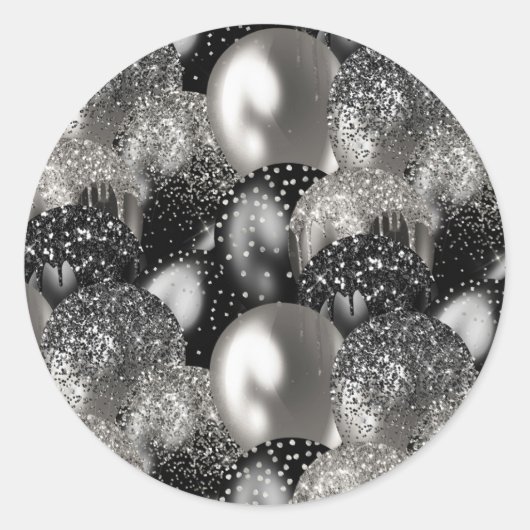 Ballons Verjaardag Zwart Zilver Glitter Party Ronde Sticker (Voorkant)
