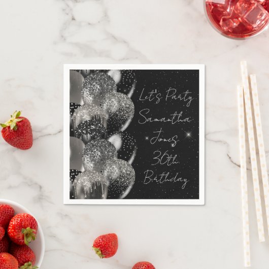Ballons Verjaardag Zwart Zilver Glitter Party Servet (Insitu)
