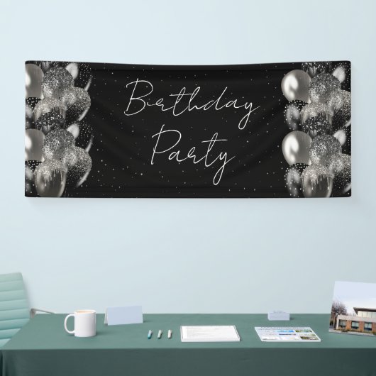 Ballons Verjaardag Zwart Zilver Glitter Party Spandoek (Beurs)
