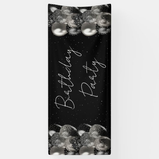 Ballons Verjaardag Zwart Zilver Glitter Party Spandoek (Verticaal)