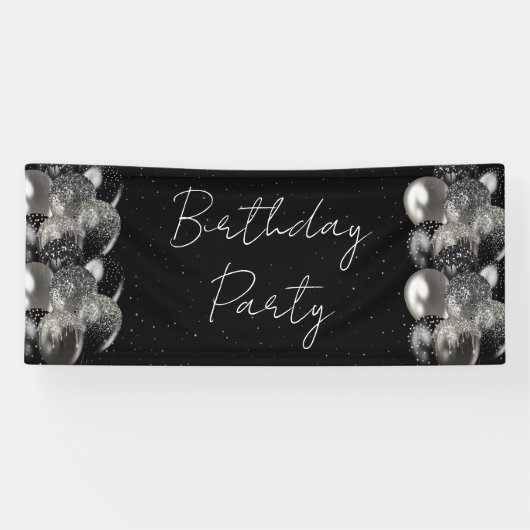 Ballons Verjaardag Zwart Zilver Glitter Party Spandoek (Horizontaal)