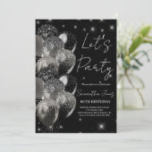 Ballons verjaardag zwart zilveren glitter uitnodig kaart (Staand voorkant)