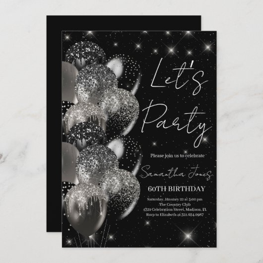 Ballons verjaardag zwart zilveren glitter uitnodig kaart (Voorkant / Achterkant)