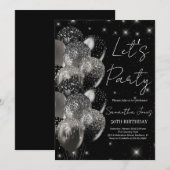 Ballons verjaardag zwart zilveren glitter uitnodig kaart (Voorkant / Achterkant)