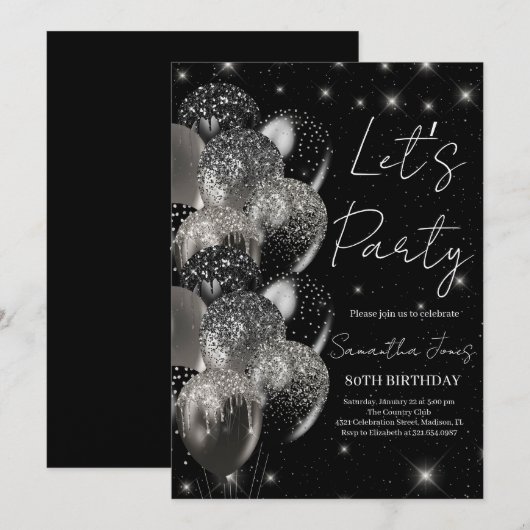 Ballons verjaardag zwart zilveren glitter uitnodig kaart (Voorkant / Achterkant)