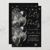 Ballons verjaardag zwart zilveren glitter uitnodig kaart (Voorkant / Achterkant)