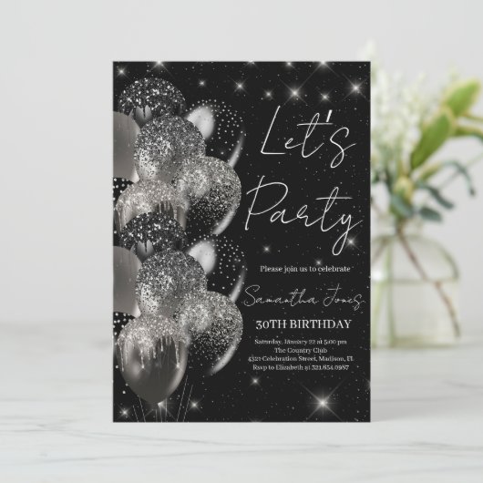 Ballons verjaardag zwart zilveren glitter uitnodig kaart (Staand voorkant)