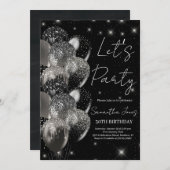 Ballons verjaardag zwart zilveren glitter uitnodig kaart (Voorkant / Achterkant)