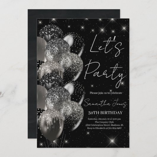 Ballons verjaardag zwart zilveren glitter uitnodig kaart (Voorkant / Achterkant)