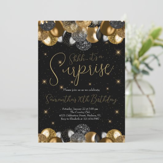 Ballons Verrassing Verjaardag Zwart Goud Glitter Kaart (Staand voorkant)