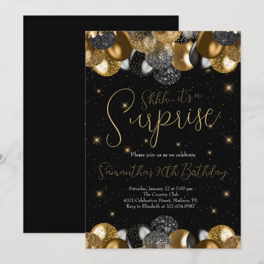 Ballons Verrassing Verjaardag Zwart Goud Glitter Kaart (Voorkant / Achterkant)