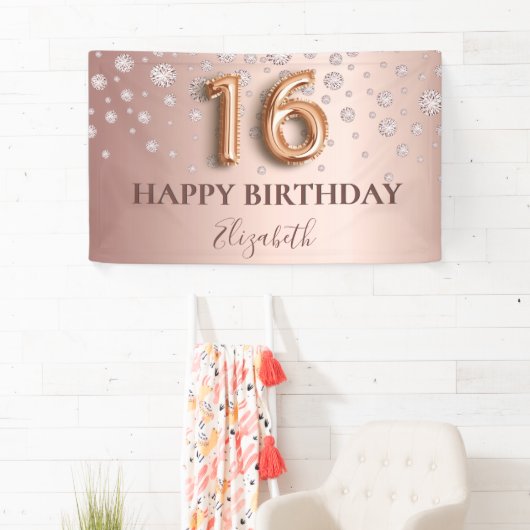 Ballonscript met gouden roze diamanten, zoete 16 r spandoek (Insitu)