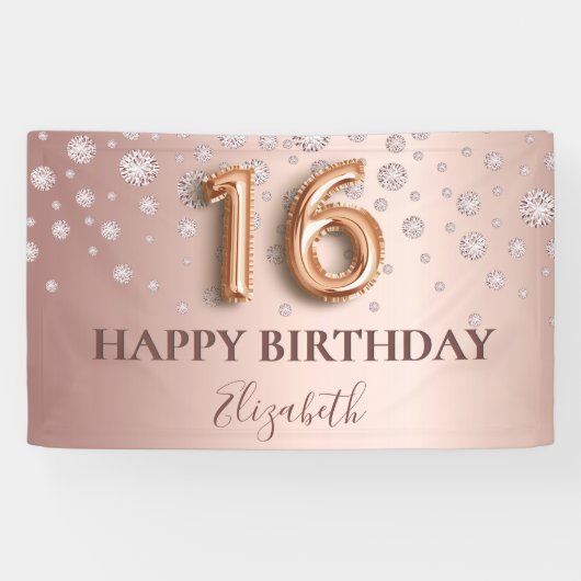 Ballonscript met gouden roze diamanten, zoete 16 r spandoek (Horizontaal)