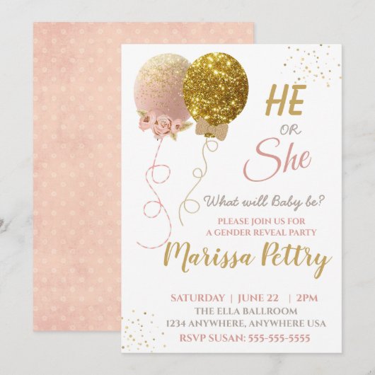 Ballonsekse onthult partijuitnodiging, Baby shower Kaart (Voorkant / Achterkant)