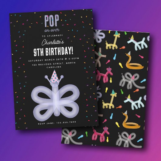 Balloon Animals Butterfly Kids Birthday Party Kaart