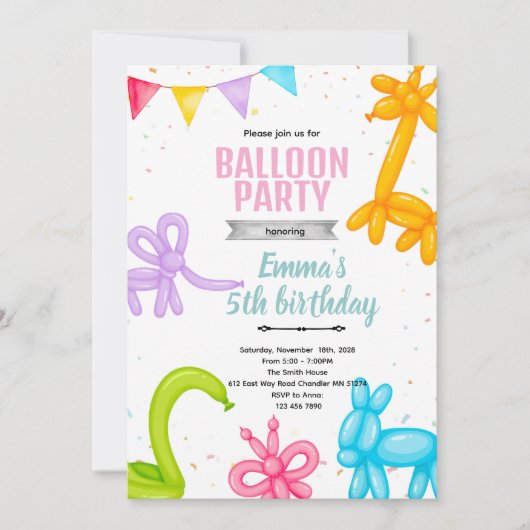 Balloon Animals party invitation Kaart (Voorkant)