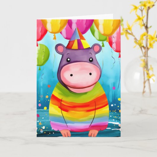 Balloon Bash Hippo: Schattigee Kids Verjaardag Kaa Kaart (Gele Bloem)