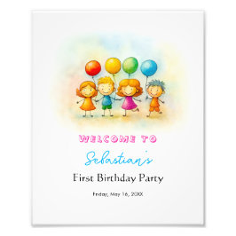 Balloon Buddies Bash Boy 1st Birthday Party Sign Foto Afdruk