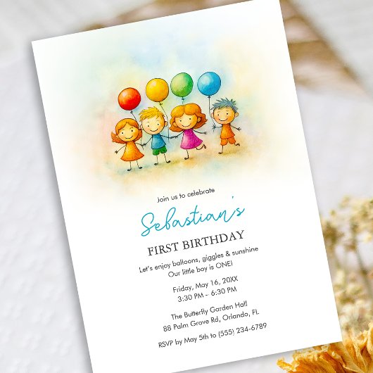 Balloon Buddies Bash – Fun 1st Birthday for boy Kaart