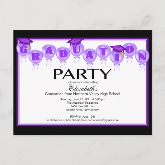 Balloon Graduation Party Invitation Paarse Pet Uitnodiging Briefkaart (Voorkant)