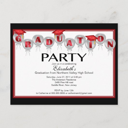 Balloon Graduation Party Invitation Red Afstudeerd Uitnodiging Briefkaart (Voorkant)