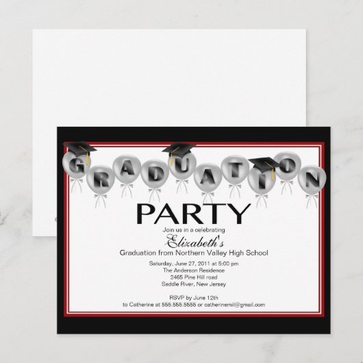 Balloon Graduation Party Invitation Zwart Afstudee Uitnodiging Briefkaart (Voorkant / Achterkant)