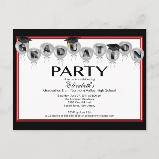 Balloon Graduation Party Invitation Zwart Afstudee Uitnodiging Briefkaart (Voorkant)