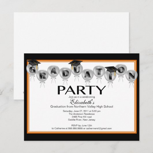 Balloon Graduation Party Invitation Zwart Afstudee Uitnodiging Briefkaart (Voorkant / Achterkant)