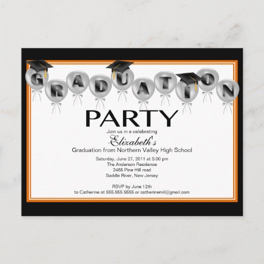 Balloon Graduation Party Invitation Zwart Afstudee Uitnodiging Briefkaart (Voorkant)