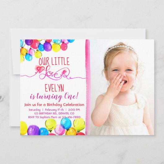 BALLOON LOVE Girl 1e verjaardag uitnodiging roze r (Voorkant)