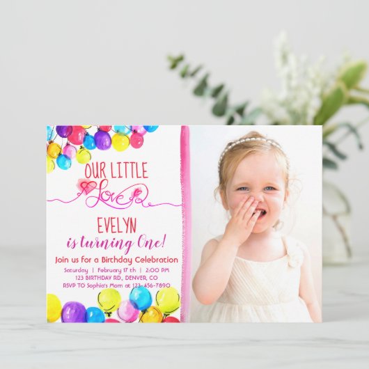 BALLOON LOVE Girl 1e verjaardag uitnodiging roze r (Staand voorkant)