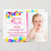 BALLOON LOVE Girl 1e verjaardag uitnodiging roze r (Voorkant / Achterkant)