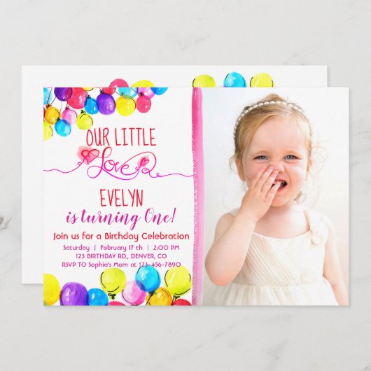 BALLOON LOVE Girl 1e verjaardag uitnodiging roze r (Voorkant / Achterkant)