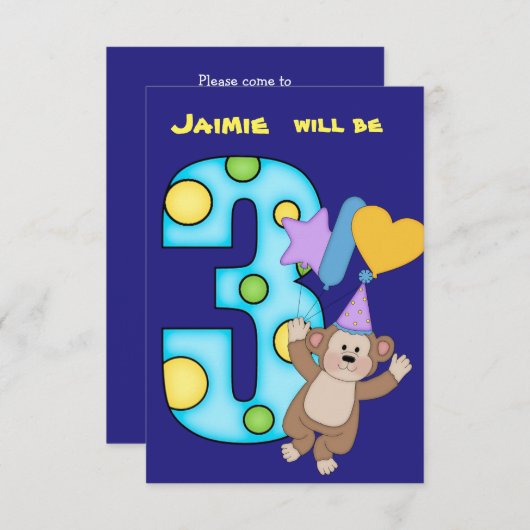 Balloon Monkey 3e Verjaardag Party uitnodiging (Voorkant / Achterkant)
