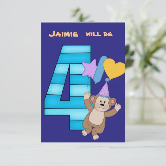 Balloon Monkey 4e verjaardag Party uitnodiging (Staand voorkant)